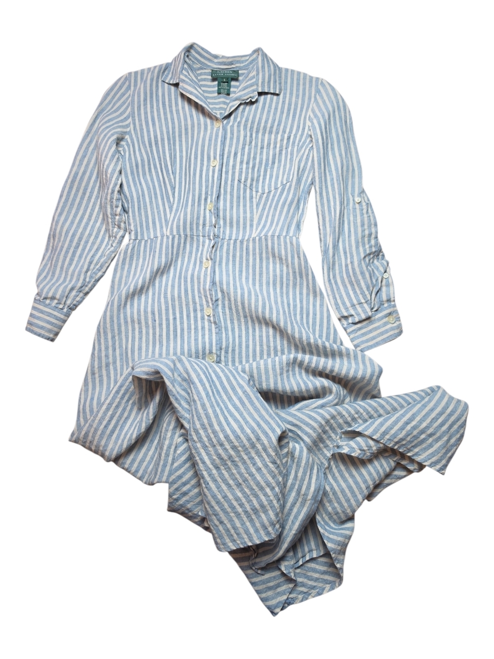 RALPH LAUREN | Blue White Stripe Logo Pocket Roll Tab Maxi Shirt Dress | 6 - Picture 3 of 12